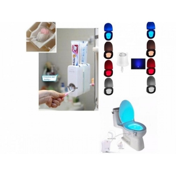 Set baie: dozator de pasta de dinti+ suport pentru periute + lampa led toaleta